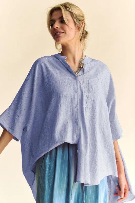 Davi & Dani Rhinestone Pleat Back Short Sleeve Loose Fit Shirt