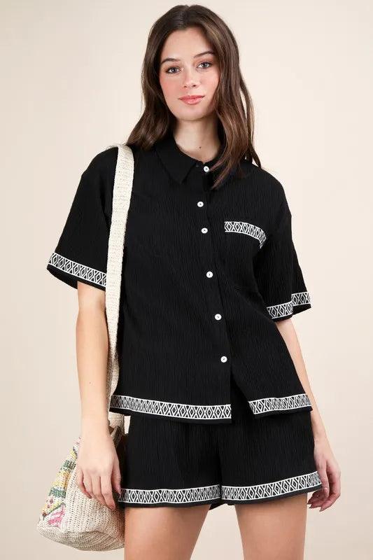 VERY J Crinkled Woven Shirt Top & Shorts Set